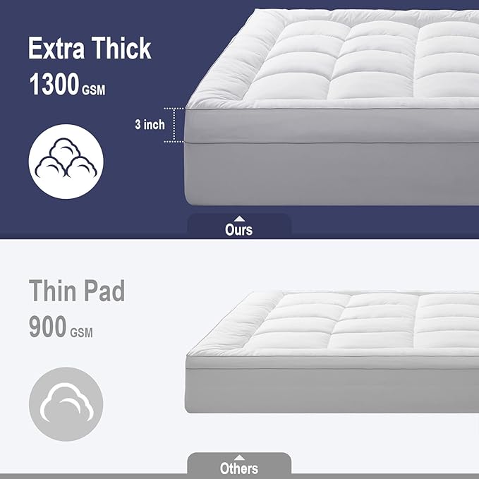 HYPREST Down Alternative Mattress Topper Full, Extra Thick Mattress Topper Overfilled with 1300 GSM Down Alternative, 100% Cotton Cooling Soft Quilted Plush Pillow Top Mattress Pad