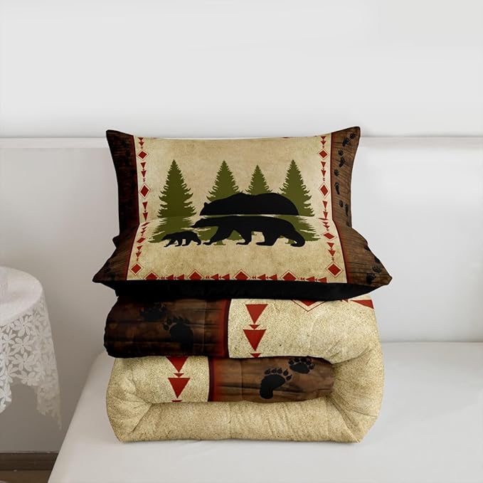 Rustic Farmhouse Bear Wildlife Bedding - Full Size Comforter Set with Bear Paw Print Duvet Insert - Brown & Green