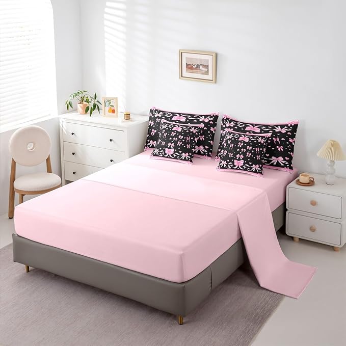 Feelyou Pink Bowknot Comforter Set King Size 7 Pieces Dreamy Princess Bedding Set for Kids Boys Girls Cute Bow Bed in a Bag with Comforter, Sheets, Pillowcases, Cushion Covers Love Hearts Quilted