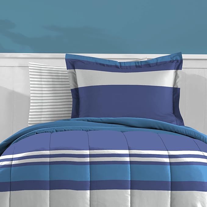 Dream Factory Kids 7-Piece Complete Bed Set Easy-Wash Super Soft Microfiber Comforter Bedding, Full, Blue Rugby Stripe,2D872702BL