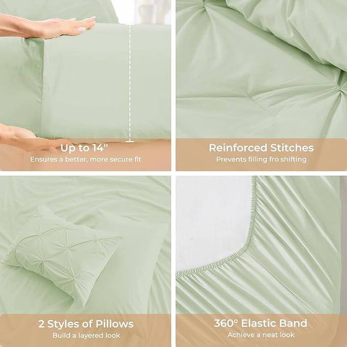 Sasttie Twin Comforter Set, 5-Piece Bed in a Bag, Pintuck Bedding Sets for All Season, Includes Comforter, Flat Sheet, Fitted Sheet, Pillowcase and Pillowsham, Mint