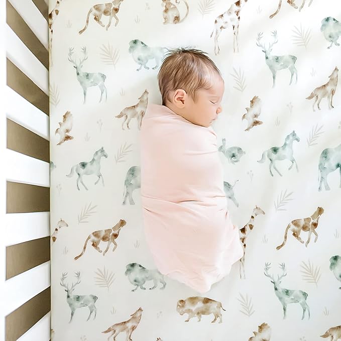 Stretch Ultra Soft Jersey Knit Fitted Crib Sheets Set 2 Pack，Fit All Standard Crib Mattress Pads Safe and Snug, Crib Fitted Sheet for Baby, Stylish African Savannah Animals Pattern