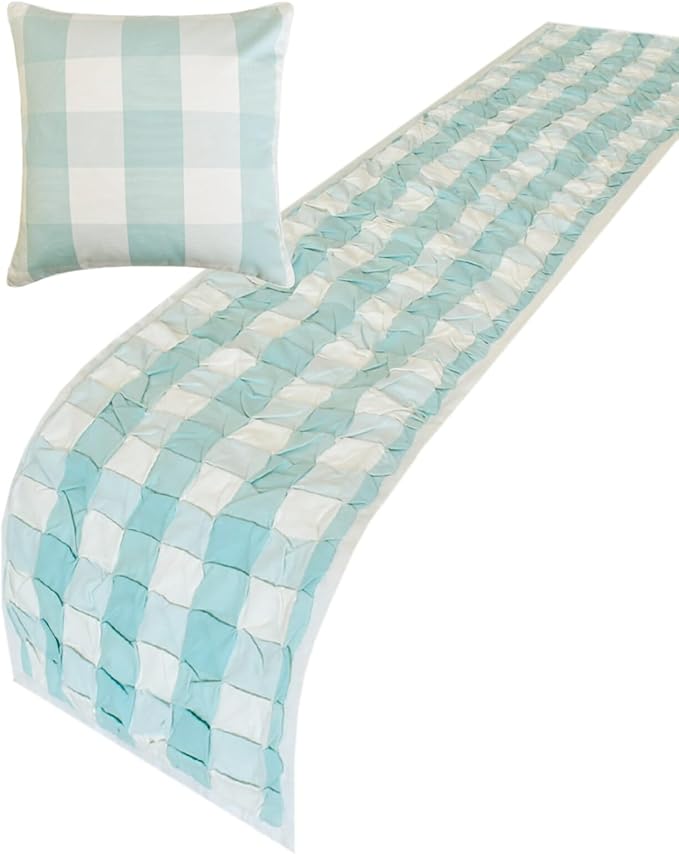 The HomeCentric King/Queen/Twin Aqua Decorative Bed Runner Full 68"x18" Bed Runner Without Pillow Cover, Checkered, Buffalo Plaid, Check Bed Scarf on Cotton Fabric - Aqua Plaid Knots
