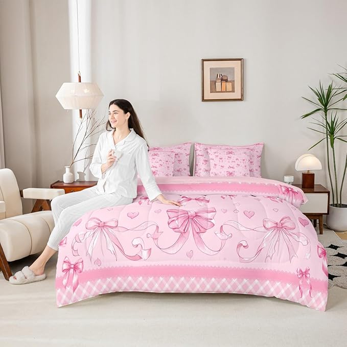 Feelyou Pink Bowknot Queen Comforter Set with Sheets for Kids Boys Girls Dreamy Princess 7 Pieces Bedding Set Cute Bow Bed in a Bag Love Hearts Room Decor Soft Lightweight Microfiber