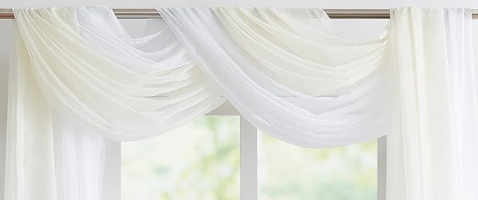 Warm Home Designs Double Window Scarves Bundle. Each White & Yellow Beige Window Scarf Valance is 55" x 288". Great for Beige Room Decor, Canopy Bed Curtains, Draping Fabric. AS White & Beige 288"
