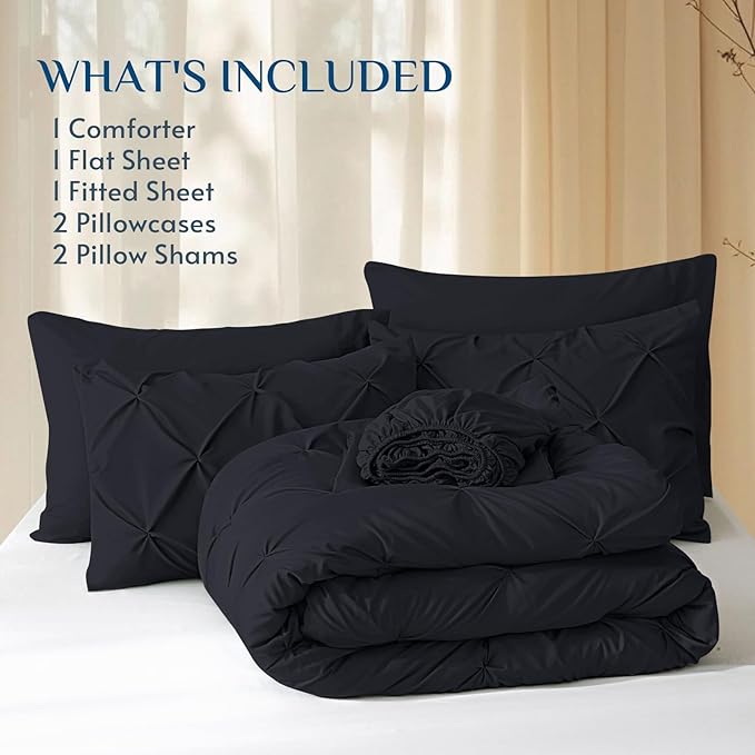 JOLLYVOGUE California King Comforter Set 7 Pieces - Bed in a Bag Cal King for All Season, Pintuck Bedding Comforter Sets with Comforter, Flat Sheet, Fitted Sheet and Pillowcases & Shams, Black