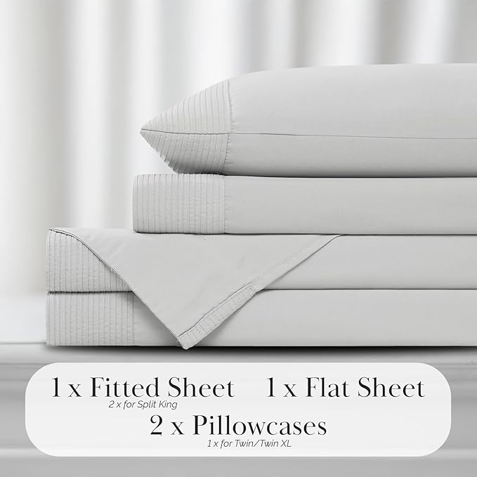 Southshore Fine Living, Inc. Pleated Hem, 21-Inch Extra Deep Pocket King Sheet Set, 4 - Piece King Size Sheets with Decorative Hem, Embroidered Detail, Easy Care Pet Hair Resistant Sheets, Light Grey