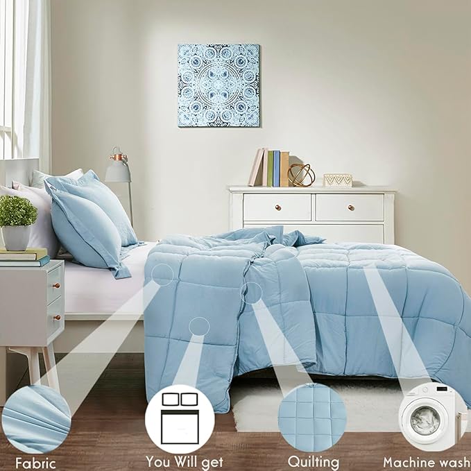 HIG Pre Washed Down Alternative Comforter Set Full - Reversible Chic Quilt Design - Box Stitched with 4 Corner Tabs - Lightweight for All Season - Blue Duvet Comforter with 2 Pillow Shams