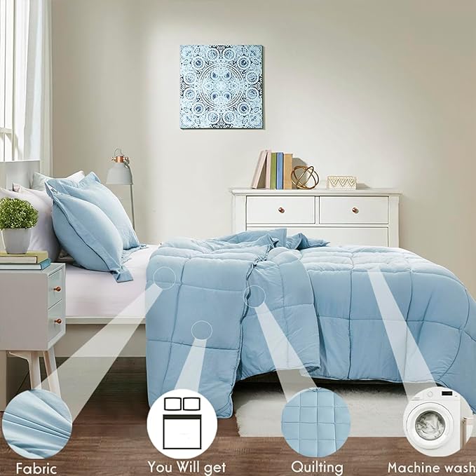 HIG Pre Washed Down Alternative Comforter Set King - Reversible Chic Quilt Design - Box Stitched with 4 Corner Tabs - Lightweight for All Season - Blue Duvet Comforter with 2 Pillow Shams