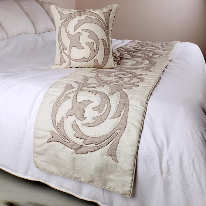 The HomeCentric Handmade Ivory & Beige CA King 86 x 18 inch Bed Runner Without Pillow Cover, Linen Lurex Applique Bed Scarf, Abstract Modern - Pretty Dainty
