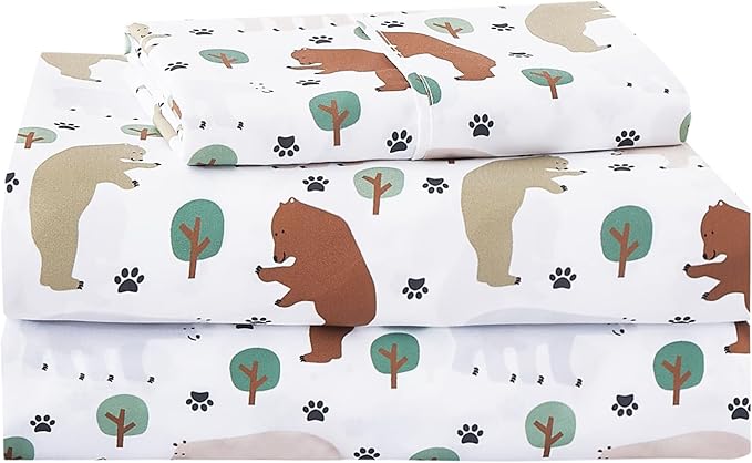 Kids Sheet Set Twin Size, Twin Sheet Set with Forest Bear Pattern，Breathable Silky Soft Microfiber Kids Fitted Sheet