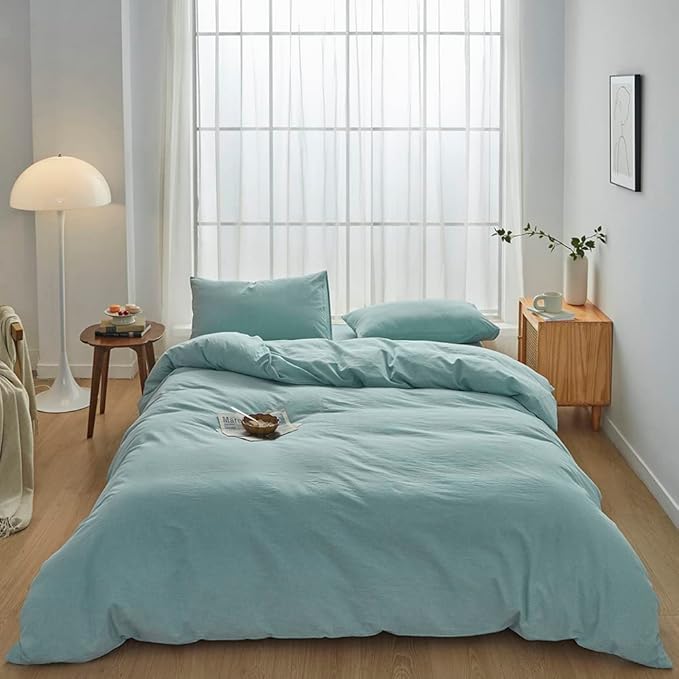 FACE TWO FACE Bedding Duvet Cover Set100% Washed Cotton Duvet Cover Linen Like Textured Breathable Durable Soft Comfy (Twin, Dusty Blue)