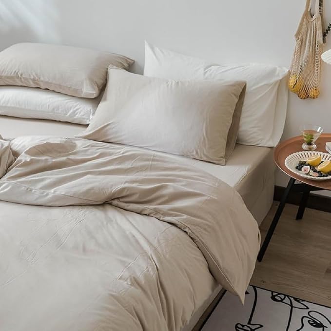 Boho Beige Duvet Cover Jersey Knit Cotton Bedding Duvet Cover Set Twin Solid Color 3 Pieces Bedding Set Apricot Khaki Comforter Cover Breathable Soft Farmhouse Bedding Set with Zipper Closure Twin