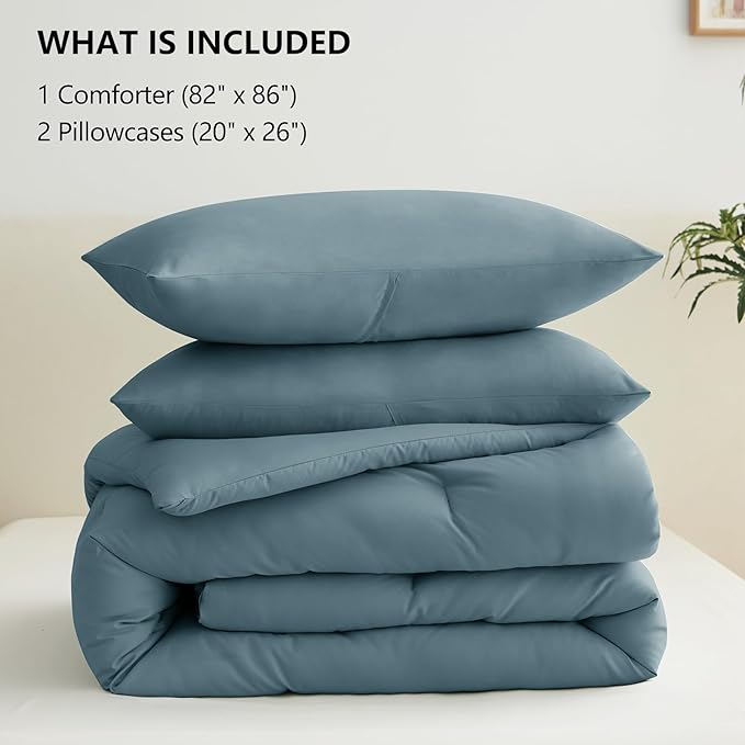 CozyLux Full Size Comforter Set Mineral Blue, 3 Pieces Solid Breathable Quilted Bedding Sets, Luxury Fluffy Soft Bed Set with Down Alternative Comforter for All Season (1 Comforter & 2 Pillowcases)