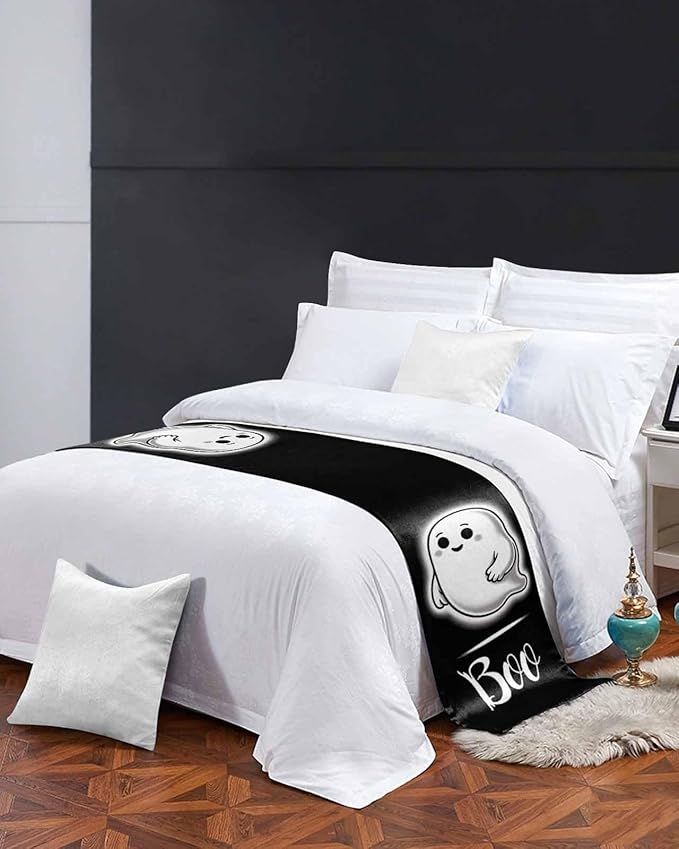 Halloween Cute Ghost Boo Bed Runners for Bedroom Hotel,Decorative Bedding Scarf Black and White Bed End Blanket Bedding Runner Scarves for Queen Size Bed,94x20in