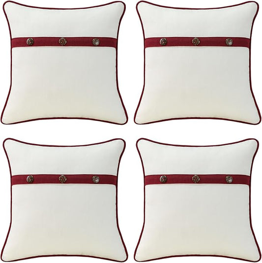 Outdoor Sunbrella Decorative Pillows with Triple Coconut Buttons Pack of 4, 18" x 18" Outdoor Pillow Set for Couch Bed Throw Patio Sofa, Spectrum Eggshell/Spectrum Ruby