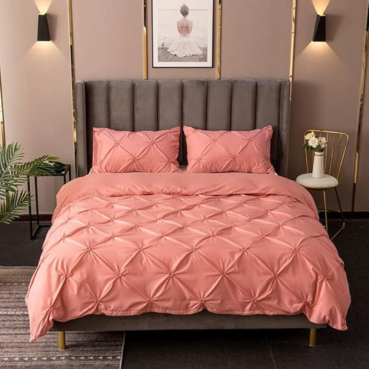 Feelyou Pinch Pleated Bedding Set Pintuck Comforter Cover Twin with Zipper Closure Luxurious Pintuck Tufted Duvet Cover for Kids Girls Solid Pink Microfiber Bedspread Cover with 1 Pillow Shams Cute