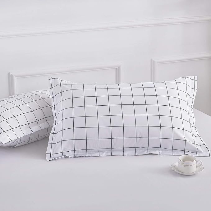 Twin Size Duvet Cover Set, White Plaid Microfiber Down Quilt Bedding Cover with Zip Ties, Farmhouse for Women Men Boys Girls Teen , 2 Piece - 68x90 inch XL Extra Long, College Dorm Grid Bed Sets