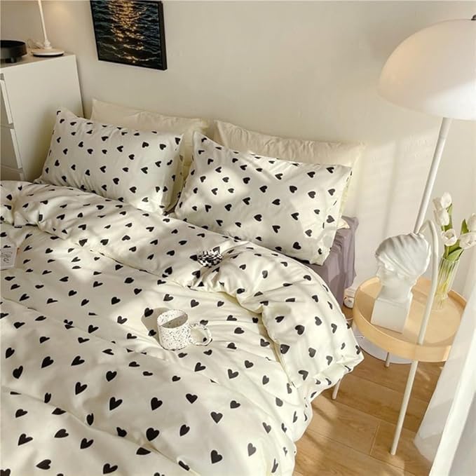 Nayoroom Black and White Heart Duvet Cover Twin Size Black Hearts Printed on White Bedding Set 2 Pcs Cute Kawaii Soft Breathable Microfiber Comforter Cover Valentine Gifts for Kids Girls
