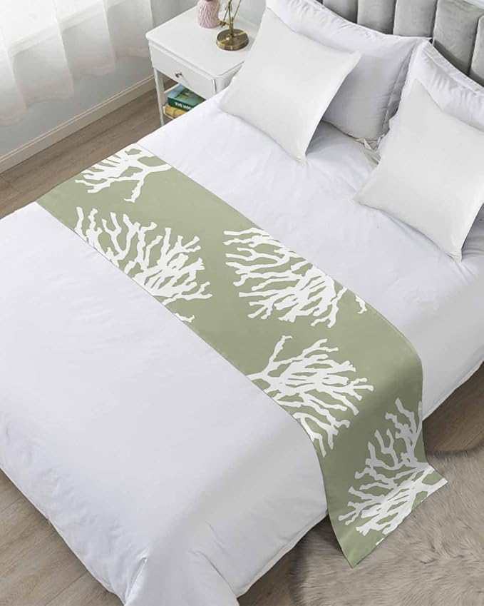 Coral Sage Green Bed Runner Scarf for Twin Size Bed Foot,Decorative Bedding Accessory Stainproof & Dustproof Soft Protector For Bedroom Wedding Room Coastal White Ocean Marine Nautical Beach 71"x20"