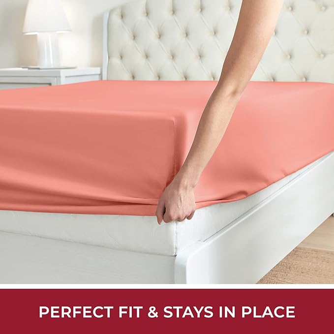 Mellanni California King Fitted Sheet - Iconic Collection Bedding Sheets with up to 16 inch Deep Pocket - Soft & Cooling - Fade & Stain Resistant - 1 PC (Cal King, Coral)