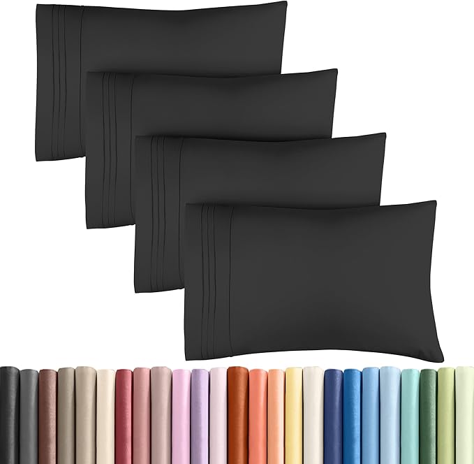 King Pillow Cases Set of 4 - Ultra Soft Hotel Quality Pillowcase Covers - Comfy, Cozy & Wrinkle Free - Shrinkage, Stain and Fade Resistant - Machine Washable Pillow Protectors - 4 Piece Set - Black