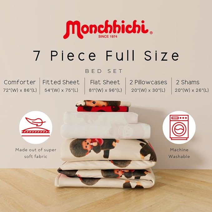 Monchhichi Bedding 7 Piece Full Bed Set, Soft Cozy Nostalgia Reversible Comforter and Sheet Set with Sham, (Officially Licensed Product) by Franco