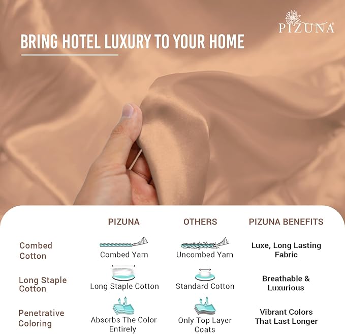 Pizuna Pure 100% Cotton Sheets Queen Size, Luxurious 400 Thread Count Long Staple Cotton Sateen Sheets Queen with 15" Deep Pocket (Combed Peach Sheet Queen)