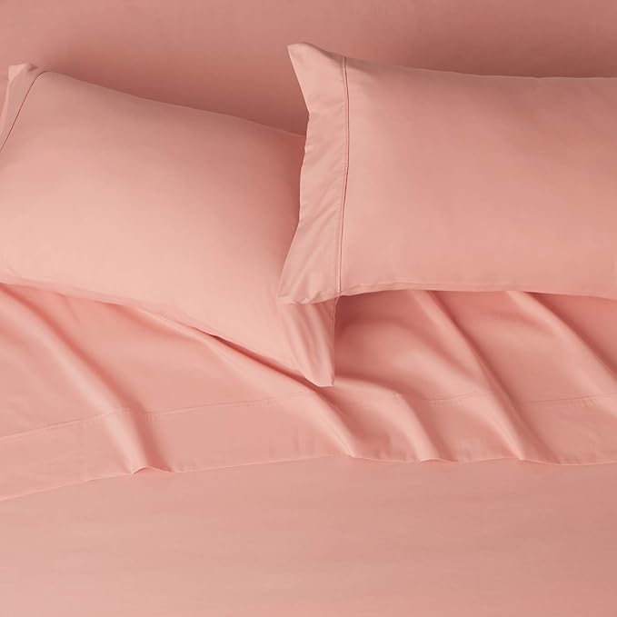 Amazon Basics Lightweight Super Soft Easy Care Microfiber 4-Piece Bed Sheet Set with 14-Inch Deep Pockets,Includes Comfortable Pillowcases,Queen,Peachy Coral,Solid,(Pack of 4)