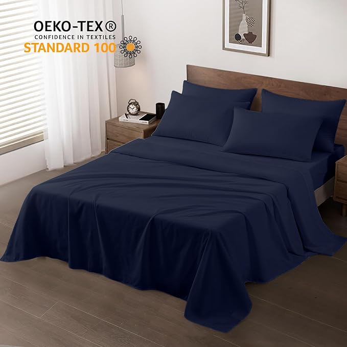 Maple&Stone Queen Flat Sheet 6 Pack,Premium Soft & Breathable,Brushed Microfiber Fabric,Anti-Shrinkage & Non-Fading,Bulk Flat Sheets Only Queen Size(Navy)