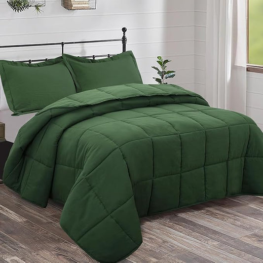 HIG 3pc Prewashed Green King Size Comforter Duvet Insert - All Season Quilted Down Alternative Comforter with Corner Tabs -Box Stitched - 250GSM Fiberfill Farmhouse Style Bedding(Salomon)