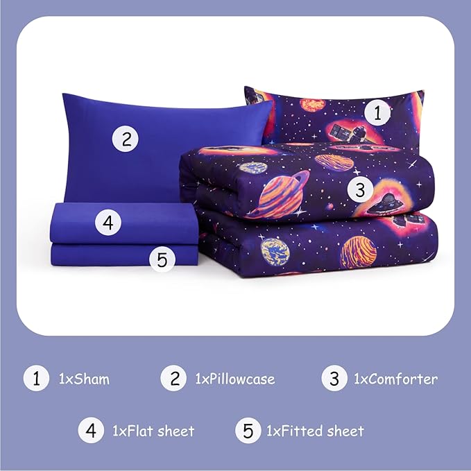 Twin Kids Comforter Set - 5 Pieces Twin Bedding Sets for Boys Teen, Outer Space Rocket Bed in A Bag with Sheets