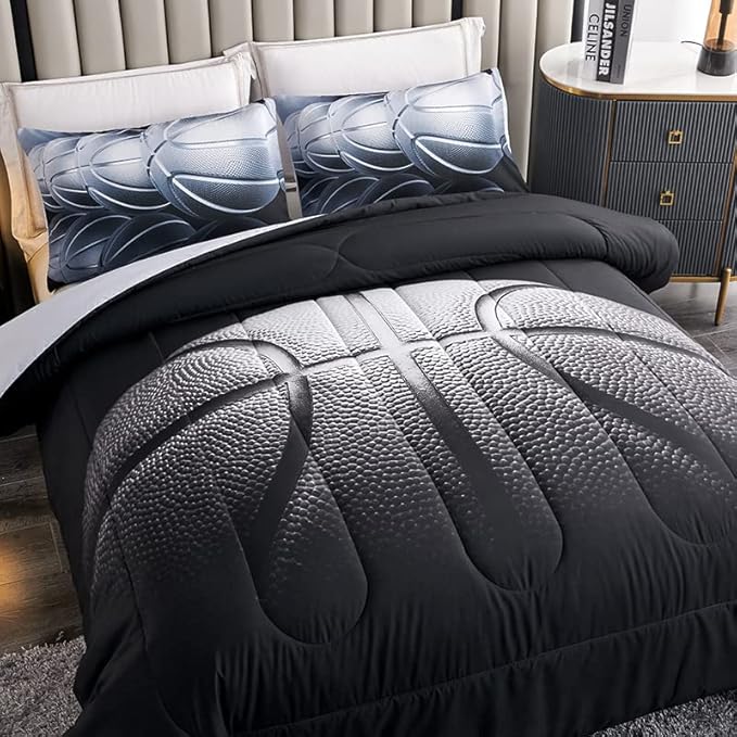 Teen Boy Comforter Set Full,Basketball Bedding Set for Kids Boys Teens,Black and Grey Sports Comforter Full with 2 Pillowcases,Basketball Comforters Full Size for Boys,All Season Use