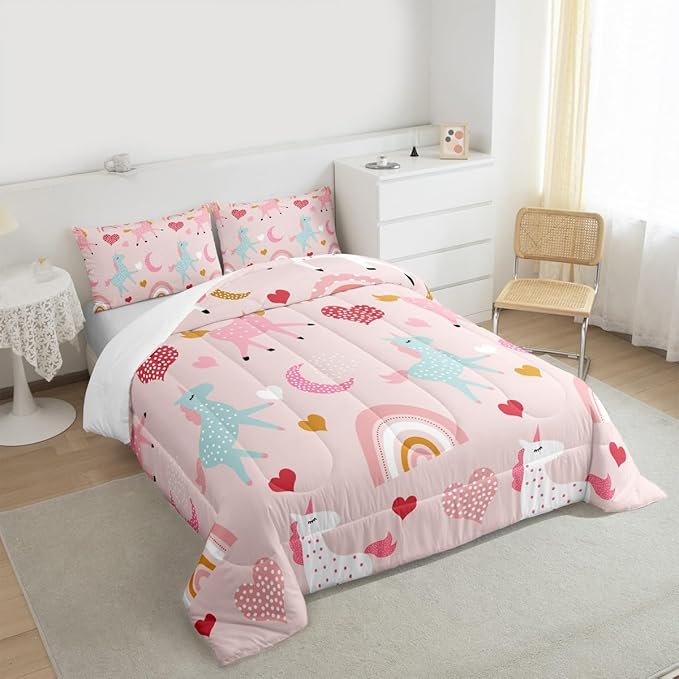 Feelyou Unicorn Comforter Set Kids Cute Cartoon Unicorns Decor Comforter for Girls Pink Bedding Set Rainbow Duvet Set Twin Size Quilt Boys