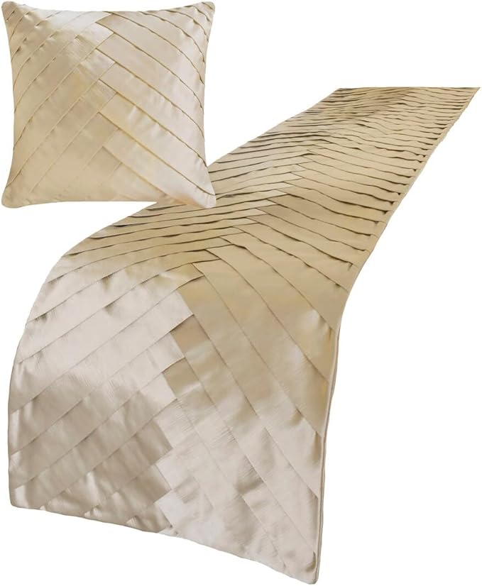 The HomeCentric King/Queen/Twin Ivory Designer CA King 86"x18" Bed Runner with Pillow Cover, Pintucks, Textured & Satin Bed Scarf on Satin Fabric - Glazed Satin