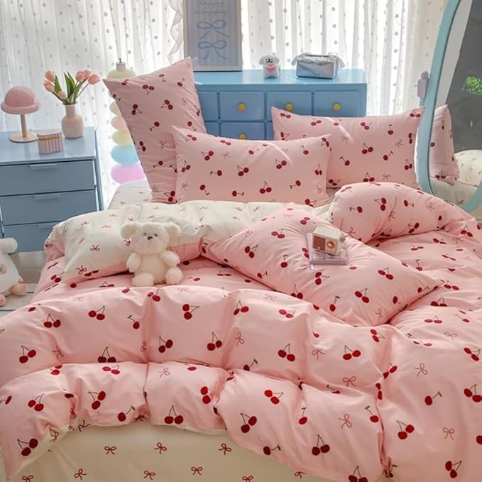 Nayoroom Duvet Cover Queen Size - Reversible Pink Bow Red Cherry Patterned Duvet Cover, 3 Pieces Soft Lightweight Microfiber Kids Girls Cute Aesthetic Dorm Bedding Set
