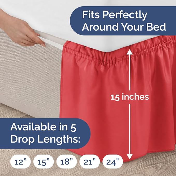 Wrap Around Dust Ruffle Bed Skirt - Red - for King Size Beds with 15 Inch Drop - Easy Fit Elastic Strap - Adjustable Pleated Bedskirt w/Brushed Fabric - Wrinkle Free - for Women, Men, Kids & Teens