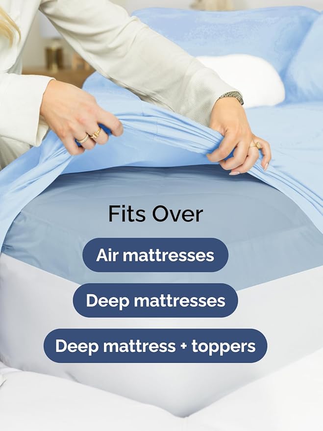 Extra Deep Split King Sheet Set - 7 Piece Breathable and Cooling Sheets - Hotel Luxury Bedding for Women, Men, Kids & Teens - Easy Secure Fit - Soft & Wrinkle Free - Extra Deep Pockets - Light Blue