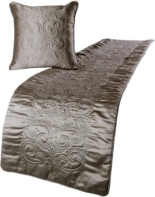 The HomeCentric Decorative Silver Full 68 x 18 inch Bed Runner with Matching Pillow Cover, Satin Quilted Bed Scarf, Abstract Modern - Silver Soft