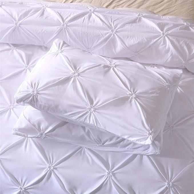 Feelyou Queen Duvet Cover Set Pinch Pleated Bedding Sets Pintuck Tufted Microfiber Polyester Luxury Comforter Cover with 2 Pillow Shams White, Solid Geometric Pattern 3 Pieces