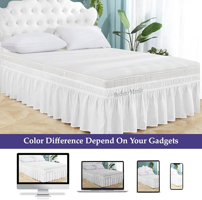 Wrap Around Bed Skirt 12" Inch Drop 100% MicrofibreFabric 1-Piece Bed Skirt Easy Fit Easy Care Fade & Wrinkle Resistant - Queen Size (60"X80"), White