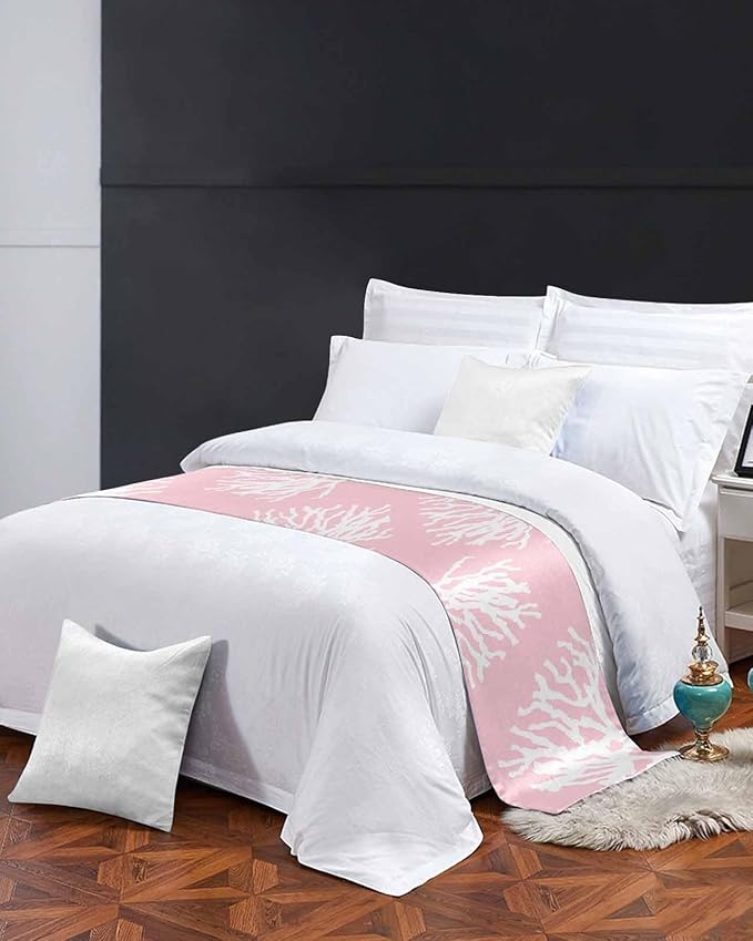 Coral Pink Bed Runner Scarf for Full Size Bed Foot, Decorative Bedding Accessory Stainproof & Dustproof Soft Protector For Bedroom Hotel Wedding Room Coastal White Ocean Marine Nautical Beach 83"x20"