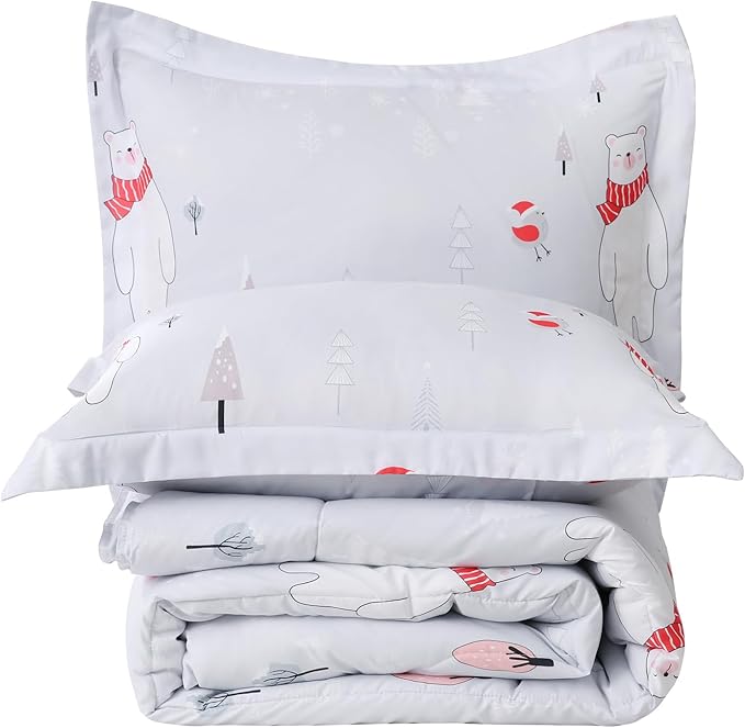 Yibeizi Christmas Comforter Set Twin for Boys Girls, Cute Bear Snowmen Printed Bedding Set with Pillow Sham, Lightweight Soft Breathable Washable Bed Set 2 Piece
