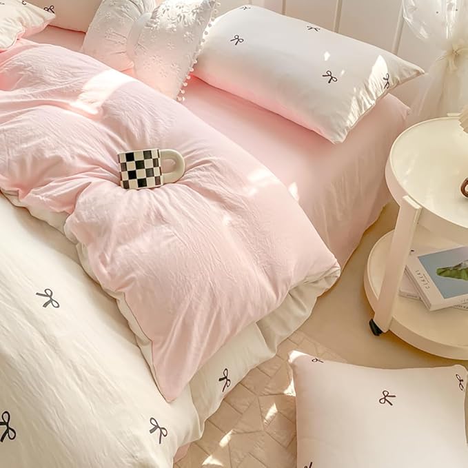 Nayoroom Bow Duvet Cover Queen Size Reversible Pink Coquette Duvet Cover 3 Pieces Soft Lightweight Microfiber Kids Girls Cute Aesthetic Dorm Bedding Set, White/Pink