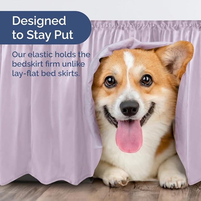 Wrap Around Dust Ruffle Bed Skirt - Light Lavender - for Queen Size Beds w/ 15 Inch Drop - Easy Fit Elastic Strap - Adjustable Pleated Bedskirt w/Brushed Fabric Wrinkle Free, Women, Men, Kids & Teens
