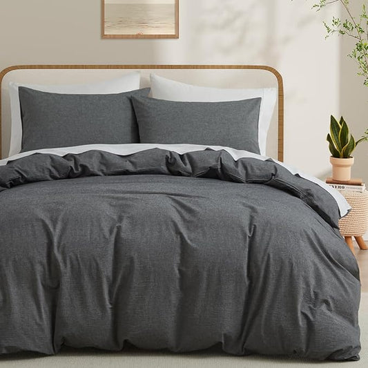 LOVQUE 100% Washed Cotton Duvet Cover King Size, Grey Fade-Resistant Natural Bedding Set (No Comforter), 104x90 Inches