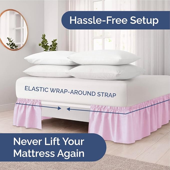 Wrap Around Dust Ruffle Bed Skirt - Light Pink - for Queen Size Beds with 24 Inch Drop - Elastic Strap - Adjustable Pleated Bedskirt with Brushed Fabric and Wrinkle Free - For Women, Men, Kids & Teens