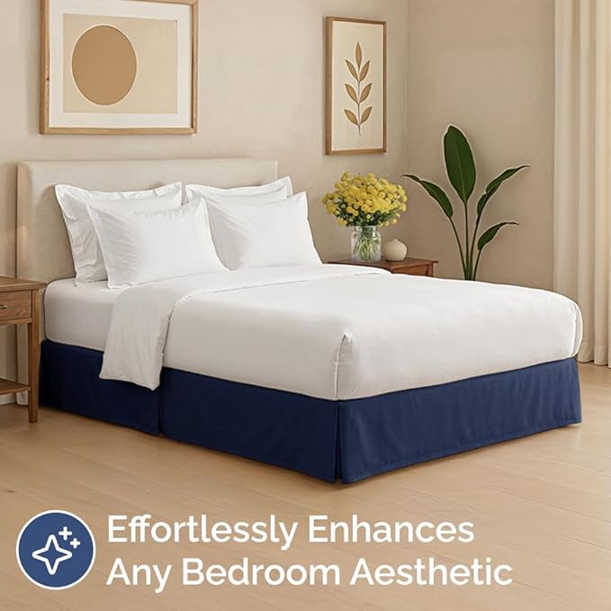 Pleated Bed Skirt Queen Size - 3 Sided Pleated Bed Skirt Queen - Ultra-Soft, Easy Fit with 12 Inch Tailored Drop - Hotel Quality, Wrinkle Free & Fade Resistant - for Women, Men, Kids & Teens - Navy