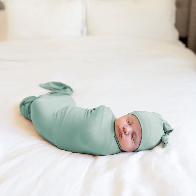 Large Jersey Knitted Swaddle Blanket for Baby, Soft Stretchy Receiving Blanket for Newborns with Hat, Baby Nursery Swaddle 47 x 47 inches(Seafoam)