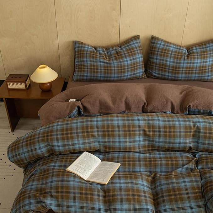 Vintage Blue&Brown Plaid Duvet Cover Full 100% Cotton Muslin Plaid Checkered Grid Bedding Set Breathable Soft Comfy Linen Like Gauze Comforter Cover Farmhouse Gingham Duvet Cover with Zipper Closure